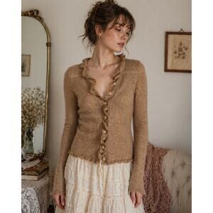 J.Crew Mohair Blend Ruffle Cardigan XS Camel Fairy Academia Cottagecore Sweater